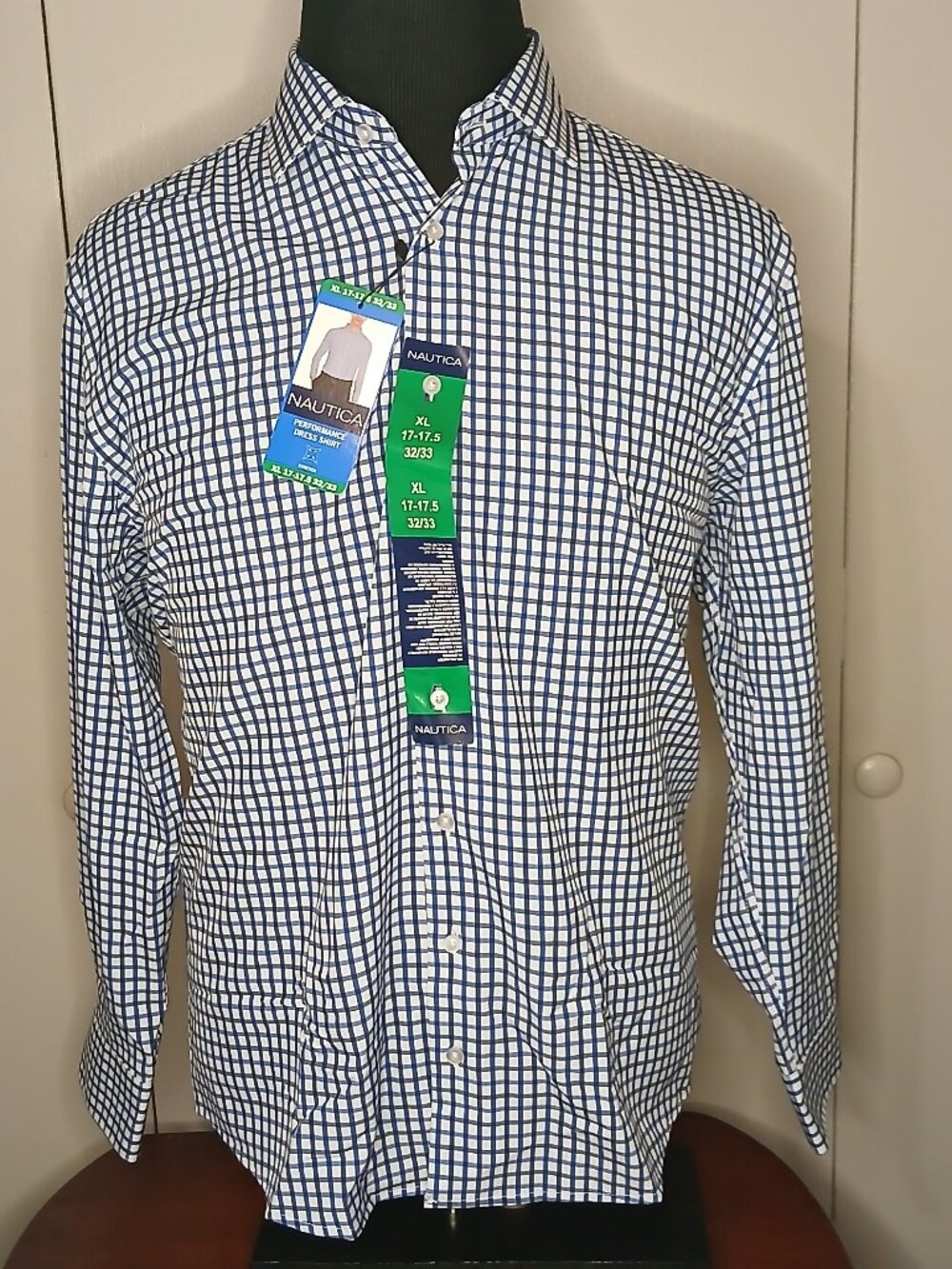 New Nautica Slim Fit Performance 17-17.5X32-33 Blue White Dress Shirt (0929B37)